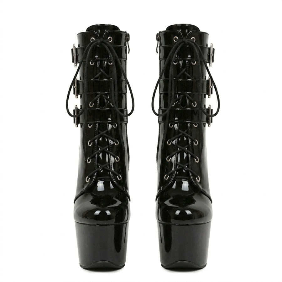 Gothic Emo Lace-Up Patent Platform Boots | Dark Scene Stiletto Heel