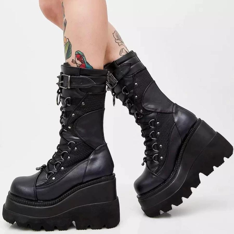 Gothic Emo Boots Women's Combat Alternative Cyberpunk | Punk Chunky Platform Shoes Dark Style