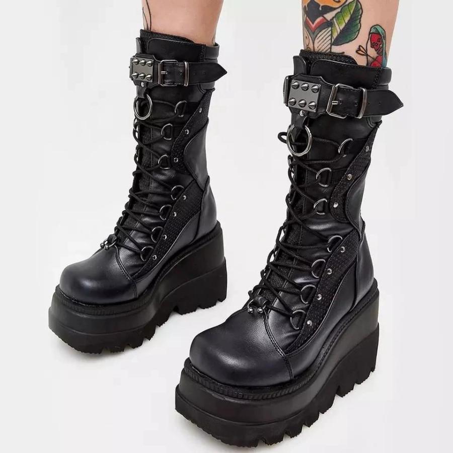 Gothic Emo Boots Women's Combat Alternative Cyberpunk | Punk Chunky Platform Shoes Dark Style