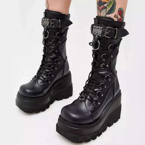 Gothic Emo Boots Women's Combat Alternative Cyberpunk | Punk Chunky Platform Shoes Dark Style
