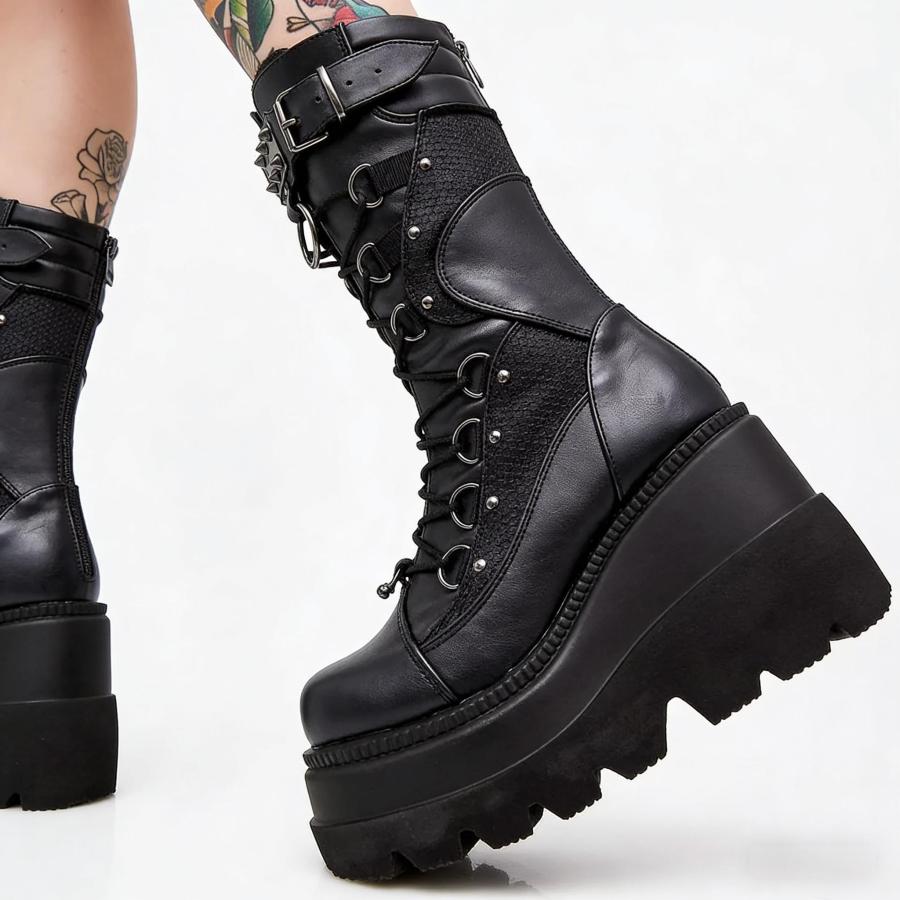 Gothic Emo Boots Women's Combat Alternative Cyberpunk | Punk Chunky Platform Shoes Dark Style