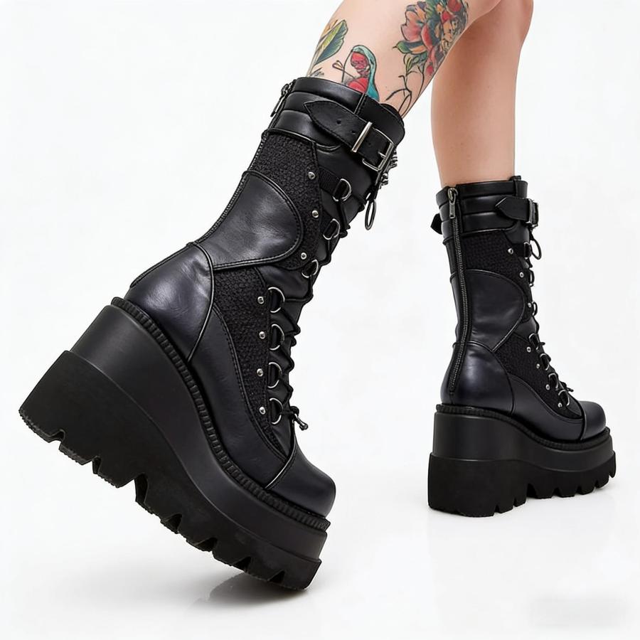 Gothic Emo Boots Women's Combat Alternative Cyberpunk | Punk Chunky Platform Shoes Dark Style